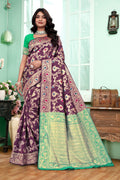 Regal Purple Banarasi Silk Saree with Green Zari Weaving