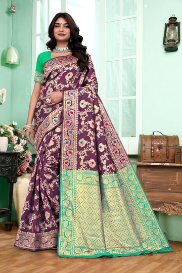 Regal Purple Banarasi Silk Saree with Green Zari Weaving