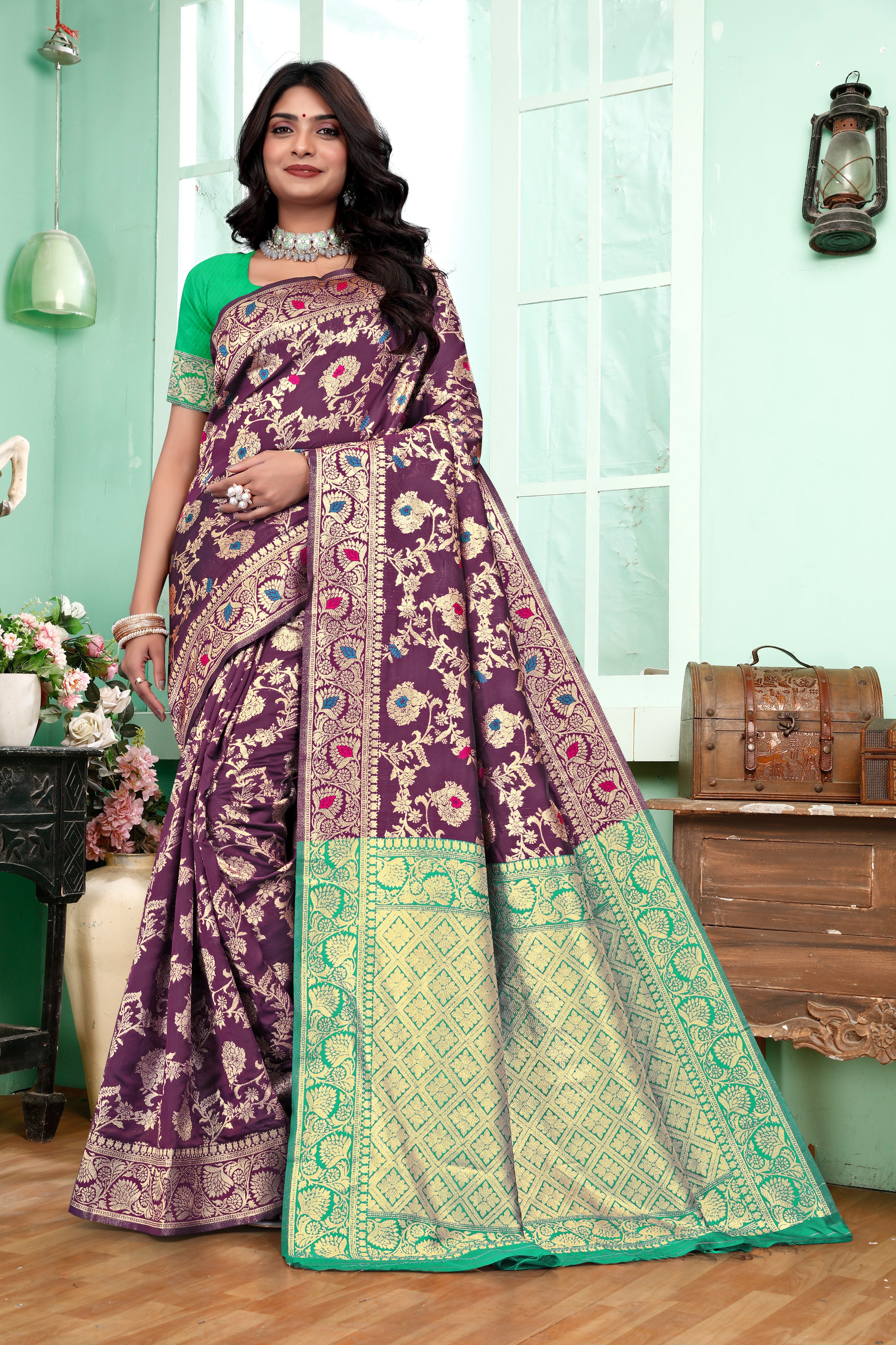 Regal Purple Banarasi Silk Saree with Green Zari Weaving