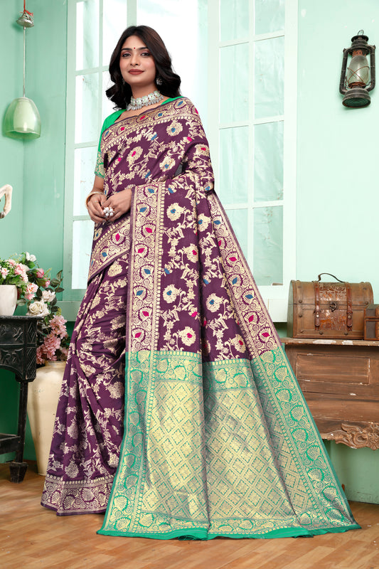 Regal Purple Banarasi Silk Saree with Green Zari Weaving