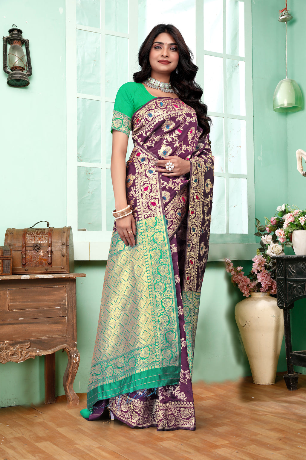 Regal Purple Banarasi Silk Saree with Green Zari Weaving