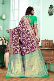 Regal Purple Banarasi Silk Saree with Green Zari Weaving