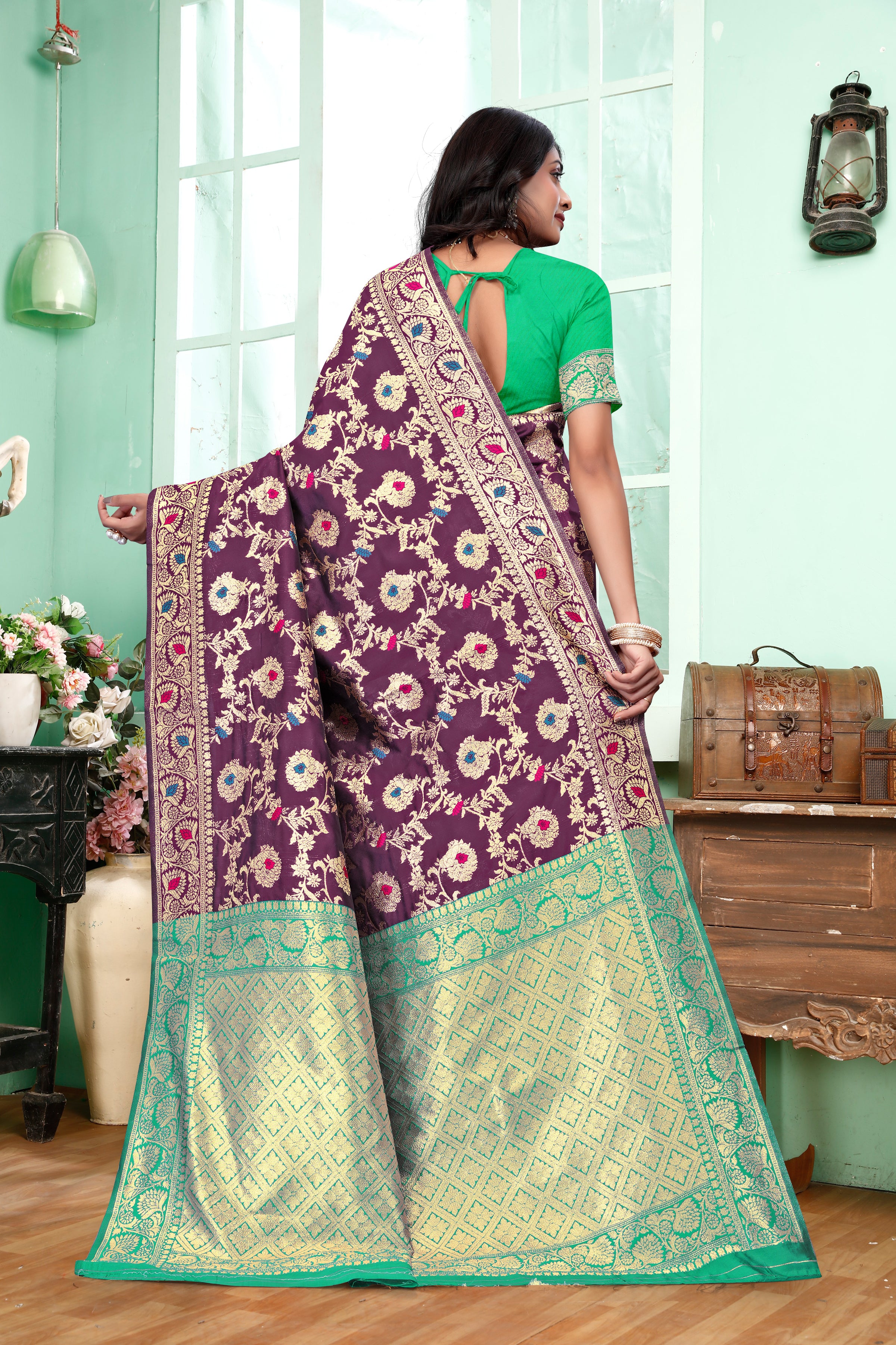 Regal Purple Banarasi Silk Saree with Green Zari Weaving
