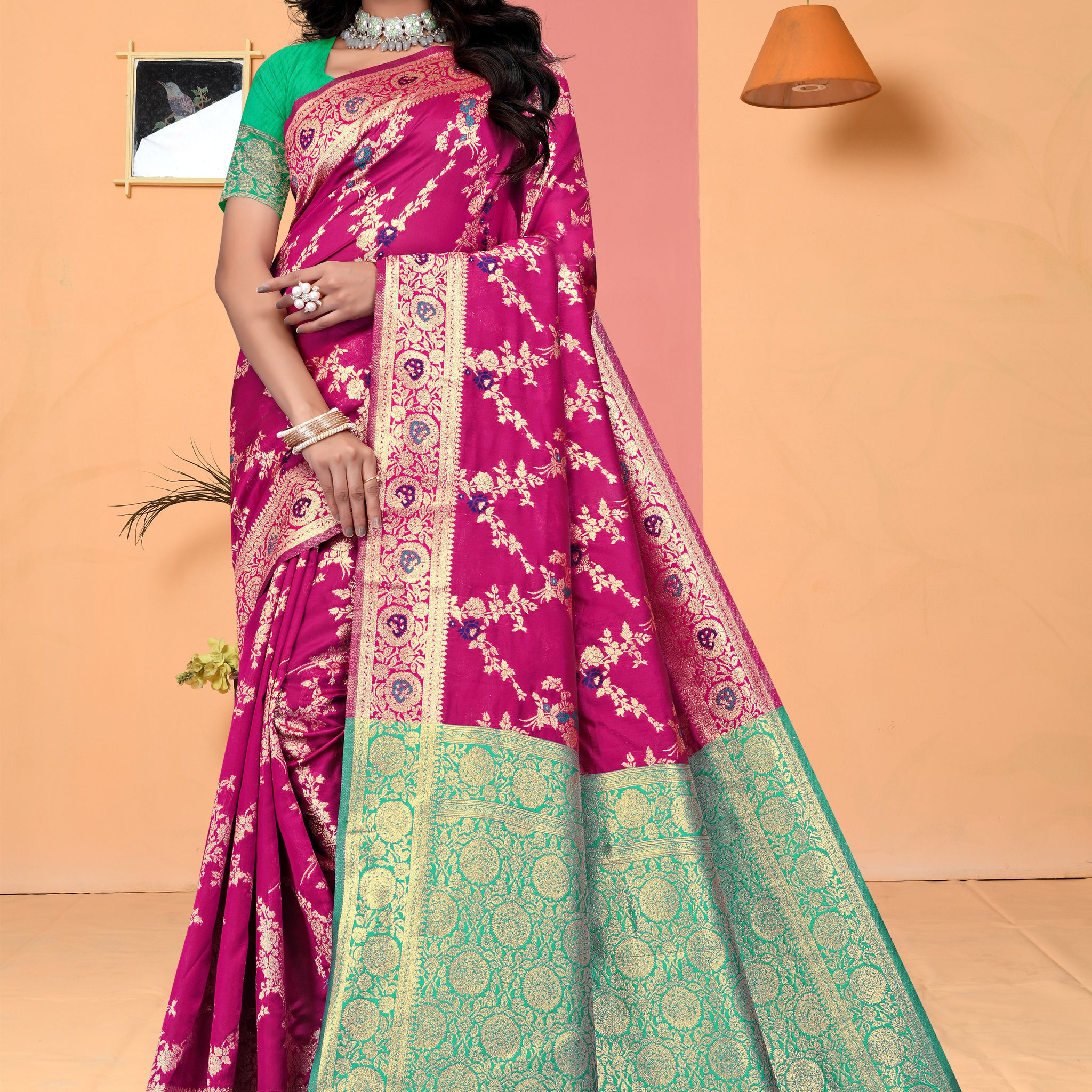 Radiant Cyan Banarasi Silk Saree with Golden Zari Weaving