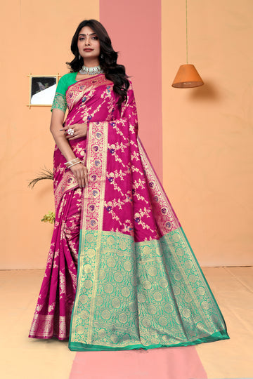 Radiant Cyan Banarasi Silk Saree with Golden Zari Weaving