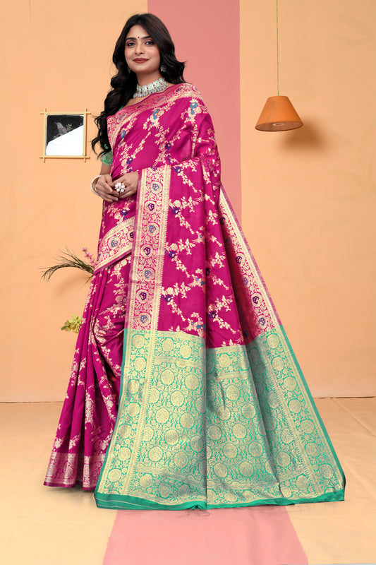 Radiant Cyan Banarasi Silk Saree with Golden Zari Weaving