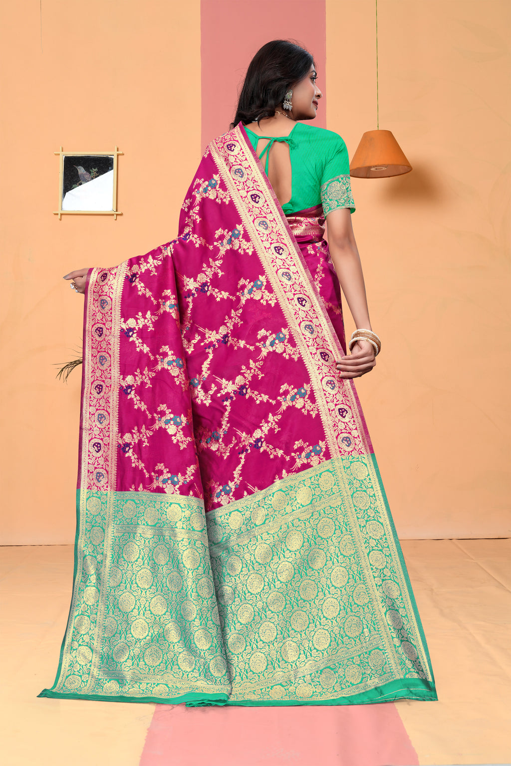 Radiant Cyan Banarasi Silk Saree with Golden Zari Weaving