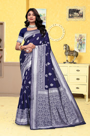 Majestically Navy Blue Banarasi Silk Saree with Intricate Silver Zari Weaving