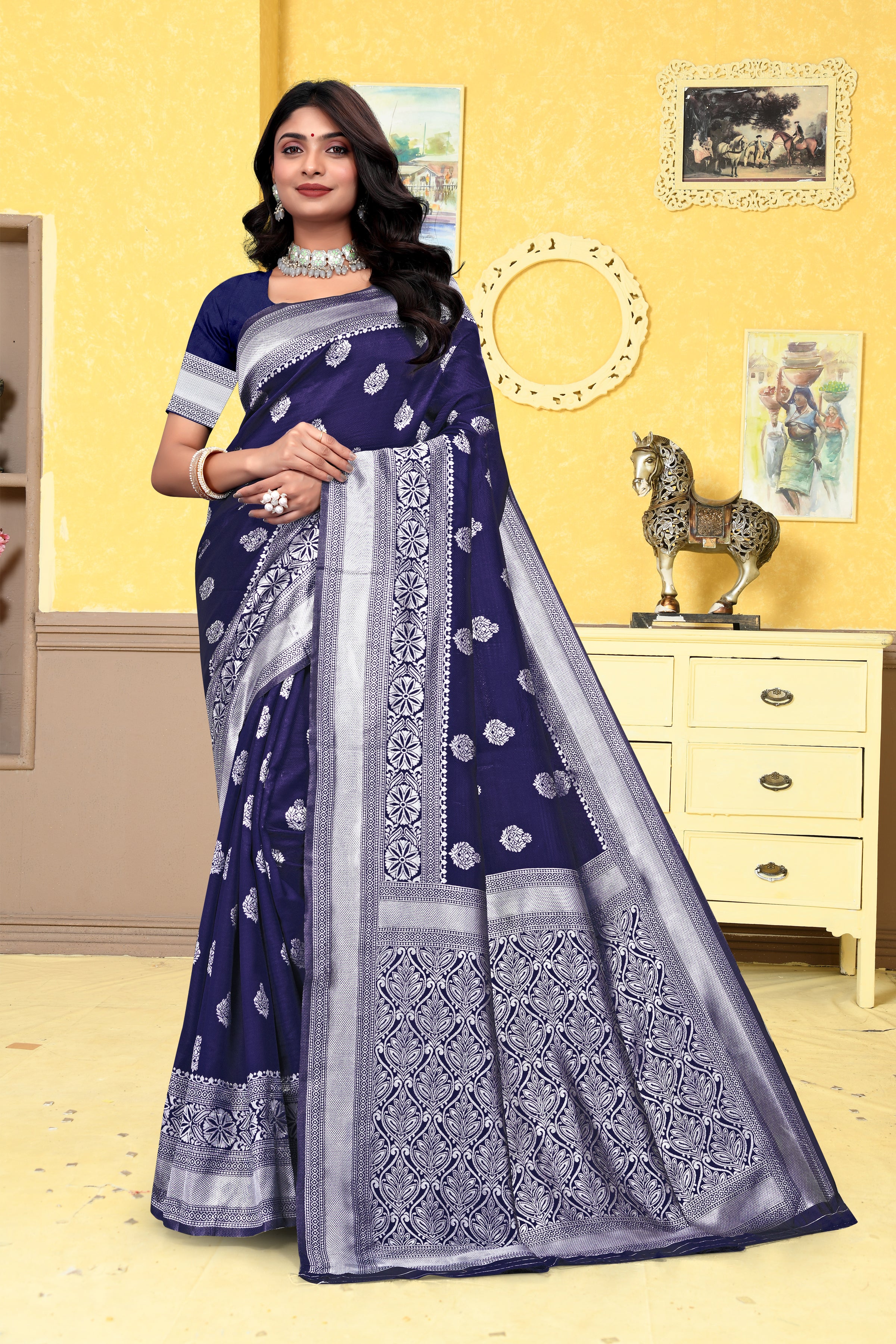 Majestically Navy Blue Banarasi Silk Saree with Intricate Silver Zari Weaving
