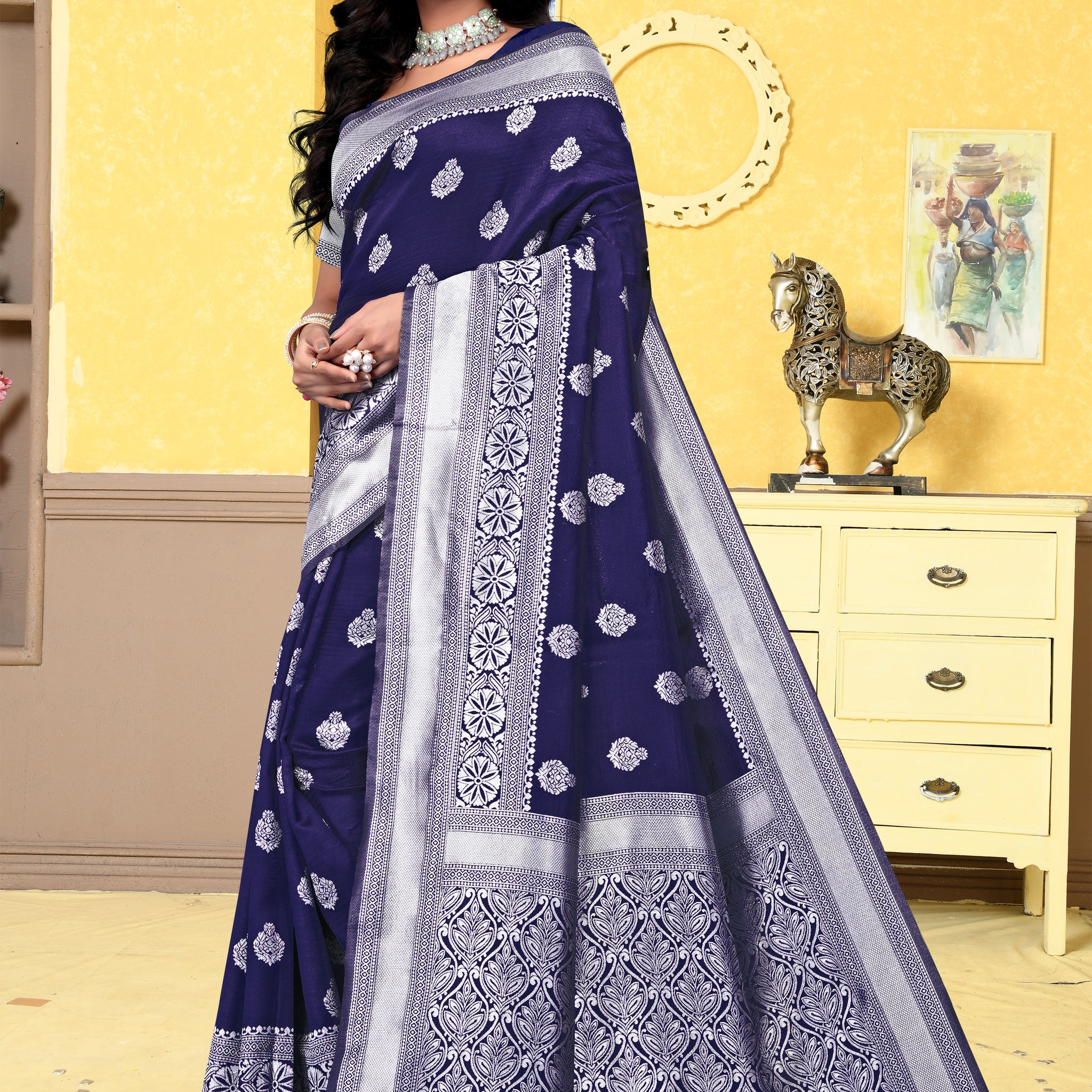 Majestically Navy Blue Banarasi Silk Saree with Intricate Silver Zari Weaving