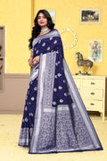 Majestically Navy Blue Banarasi Silk Saree with Intricate Silver Zari Weaving