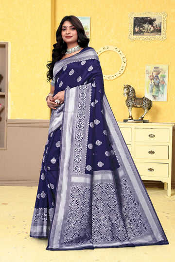 Majestically Navy Blue Banarasi Silk Saree with Intricate Silver Zari Weaving