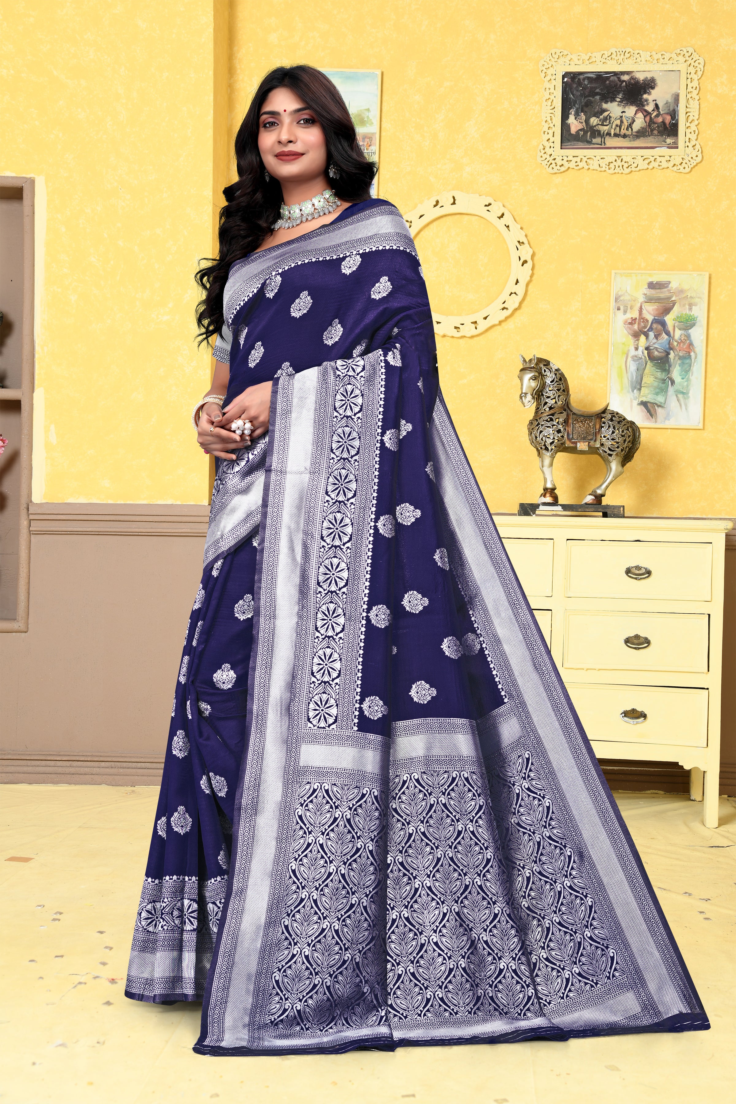 Majestically Navy Blue Banarasi Silk Saree with Intricate Silver Zari Weaving