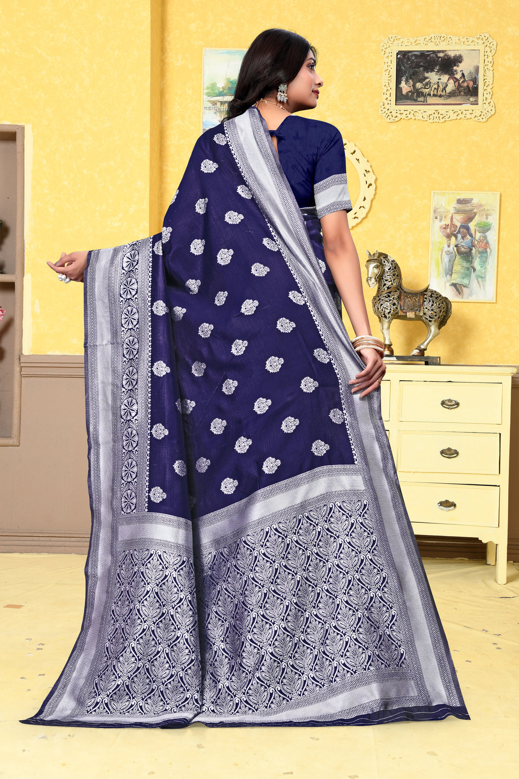 Majestically Navy Blue Banarasi Silk Saree with Intricate Silver Zari Weaving