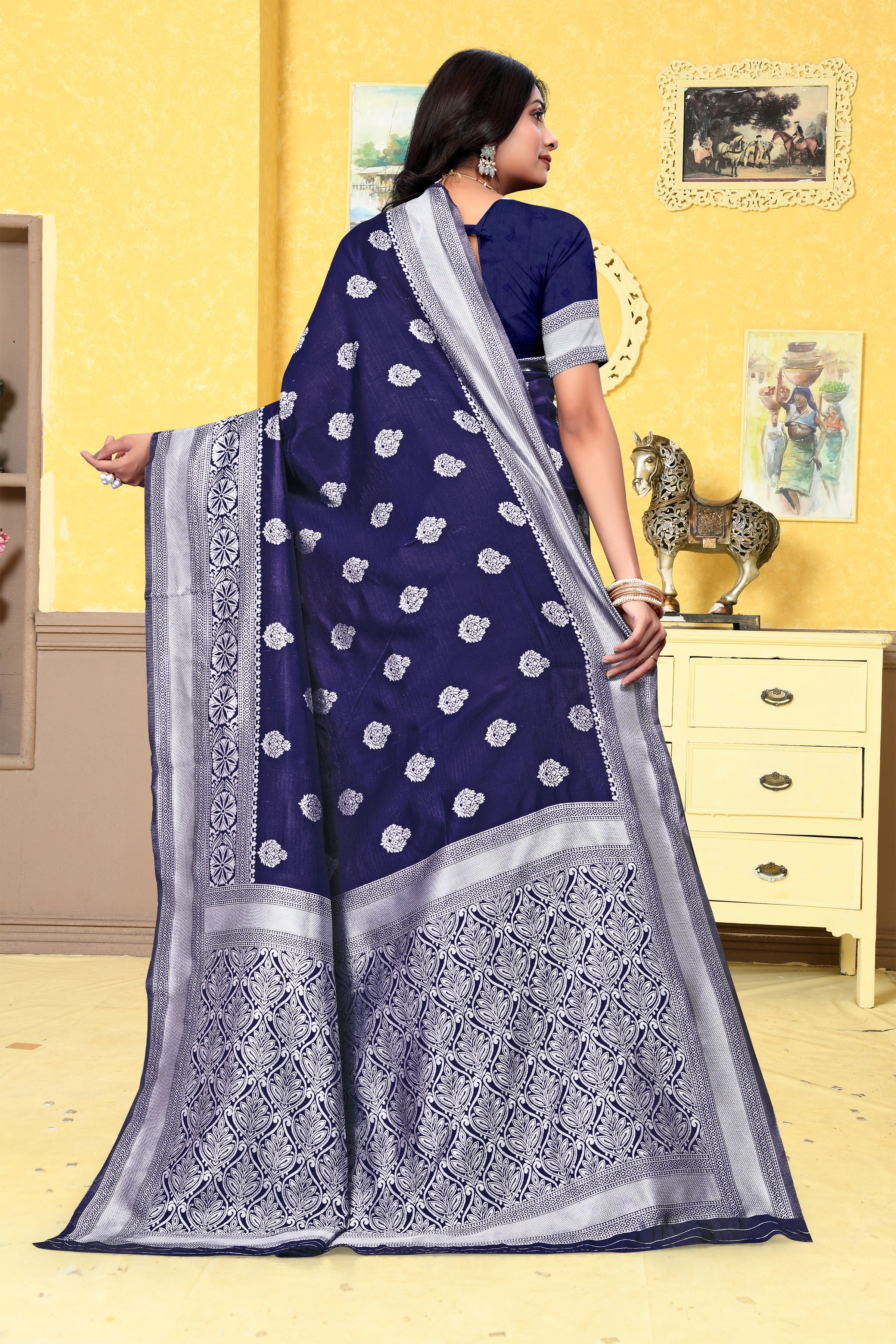 Majestically Navy Blue Banarasi Silk Saree with Intricate Silver Zari Weaving