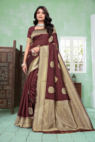 Elegant Maroon Banarasi Silk Saree with Rich Golden Zari Weaving