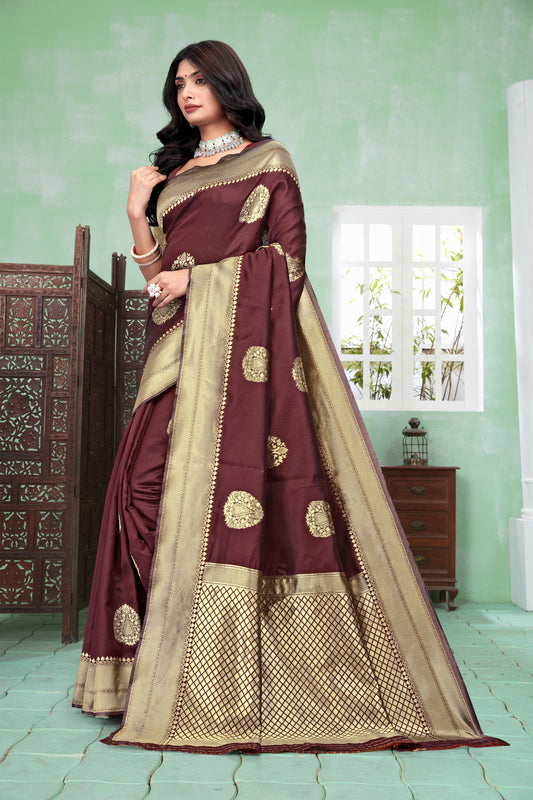 Elegant Maroon Banarasi Silk Saree with Rich Golden Zari Weaving