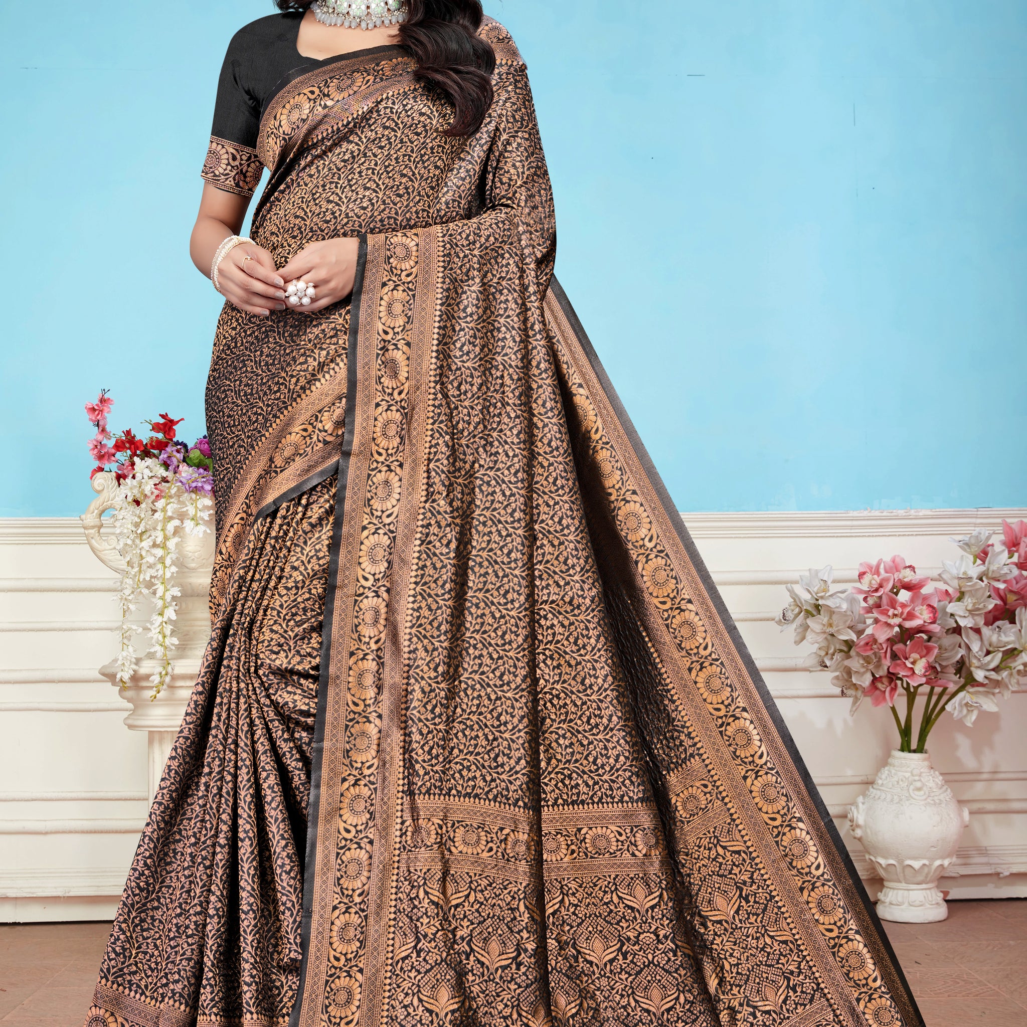 Regal Black and Copper Banarasi Silk Saree with Intricate Weaving