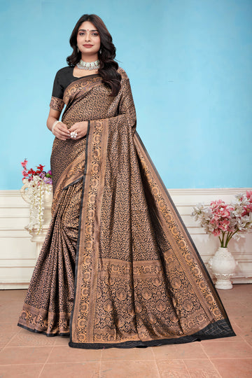 Regal Black and Copper Banarasi Silk Saree with Intricate Weaving