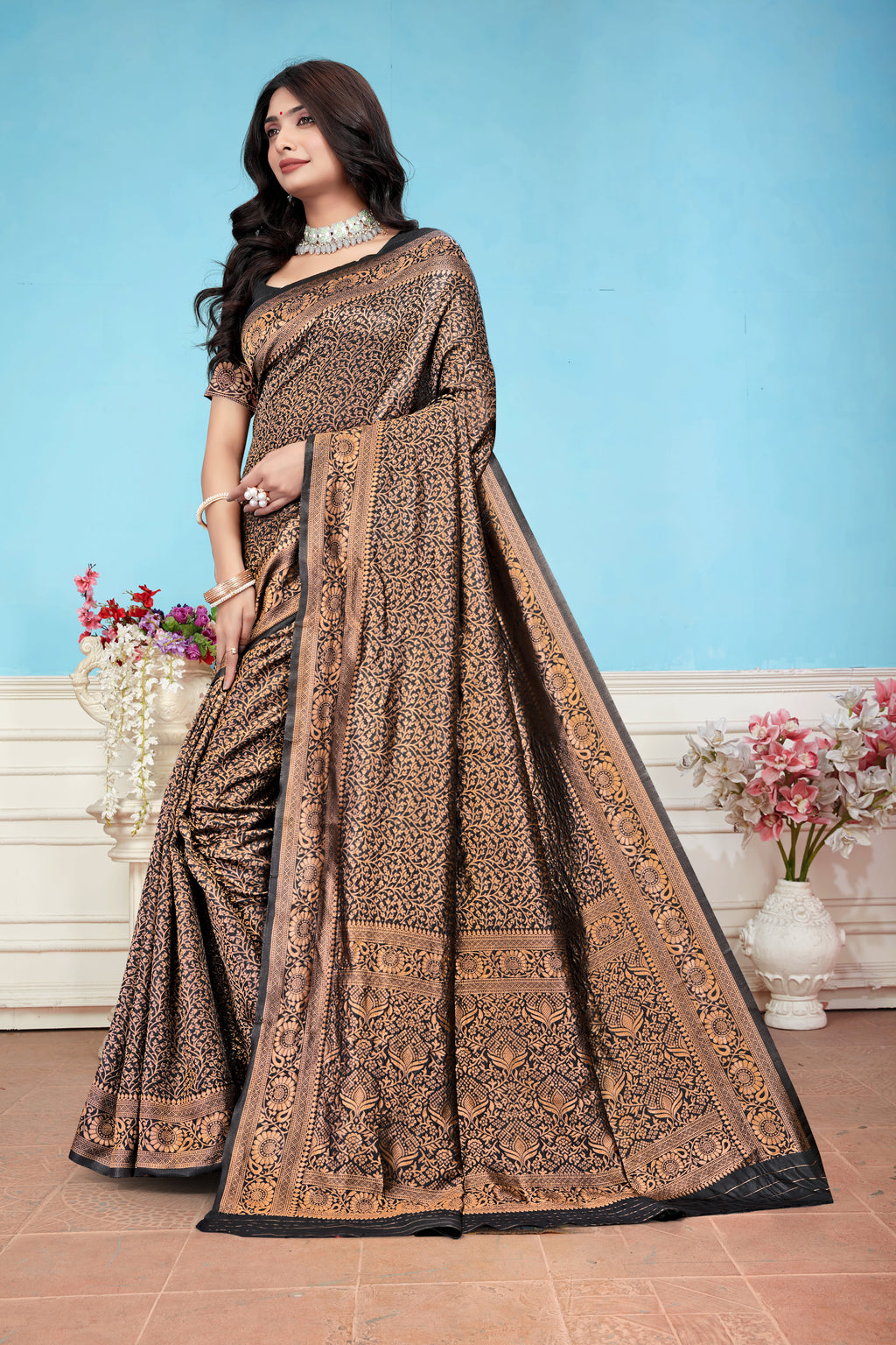 Regal Black and Copper Banarasi Silk Saree with Intricate Weaving