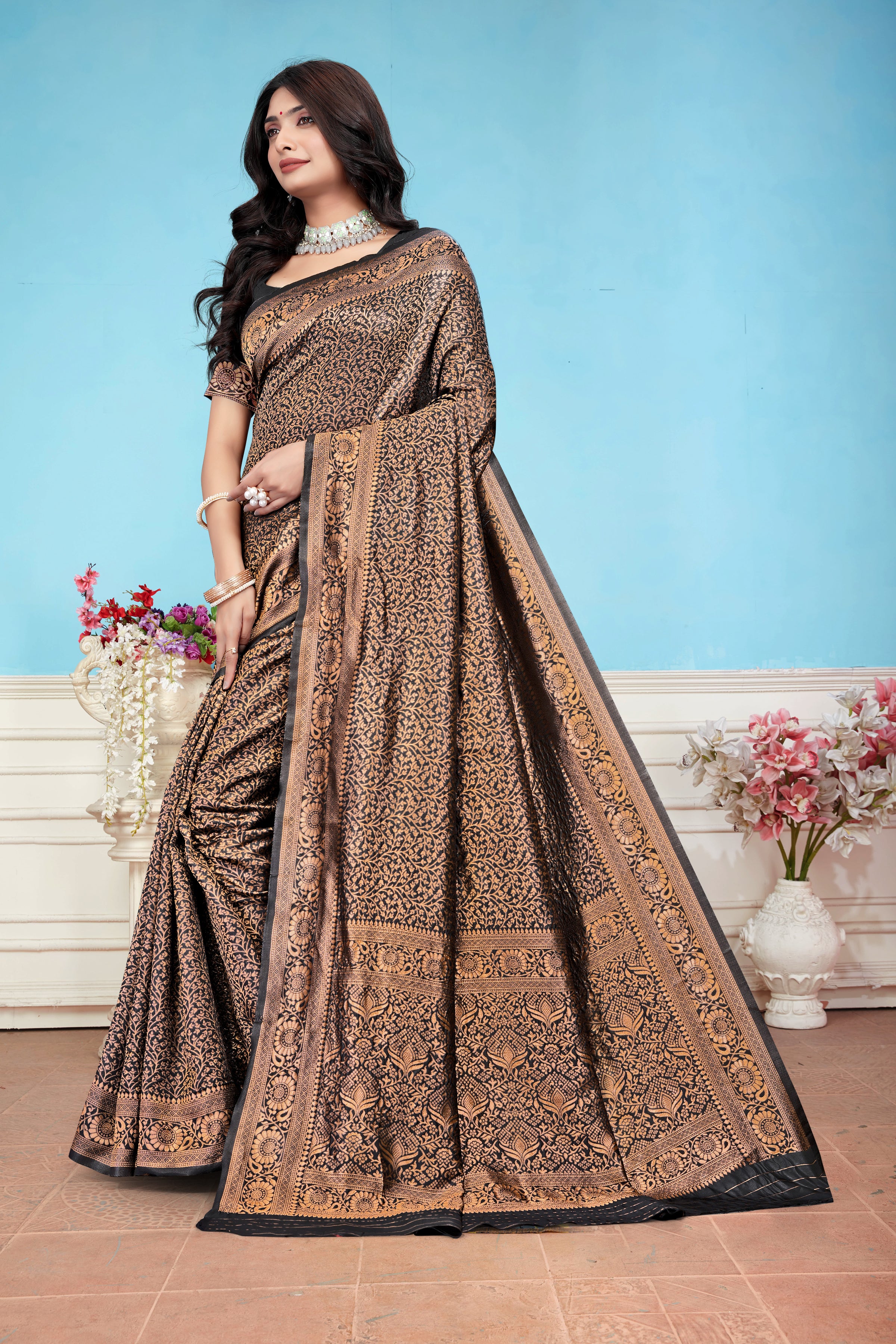 Regal Black and Copper Banarasi Silk Saree with Intricate Weaving