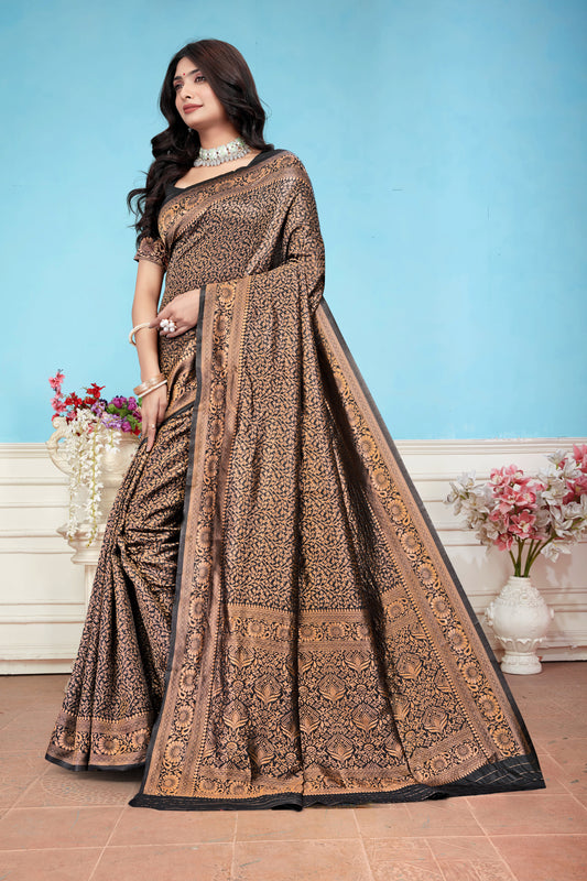 Regal Black and Copper Banarasi Silk Saree with Intricate Weaving