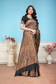 Regal Black and Copper Banarasi Silk Saree with Intricate Weaving