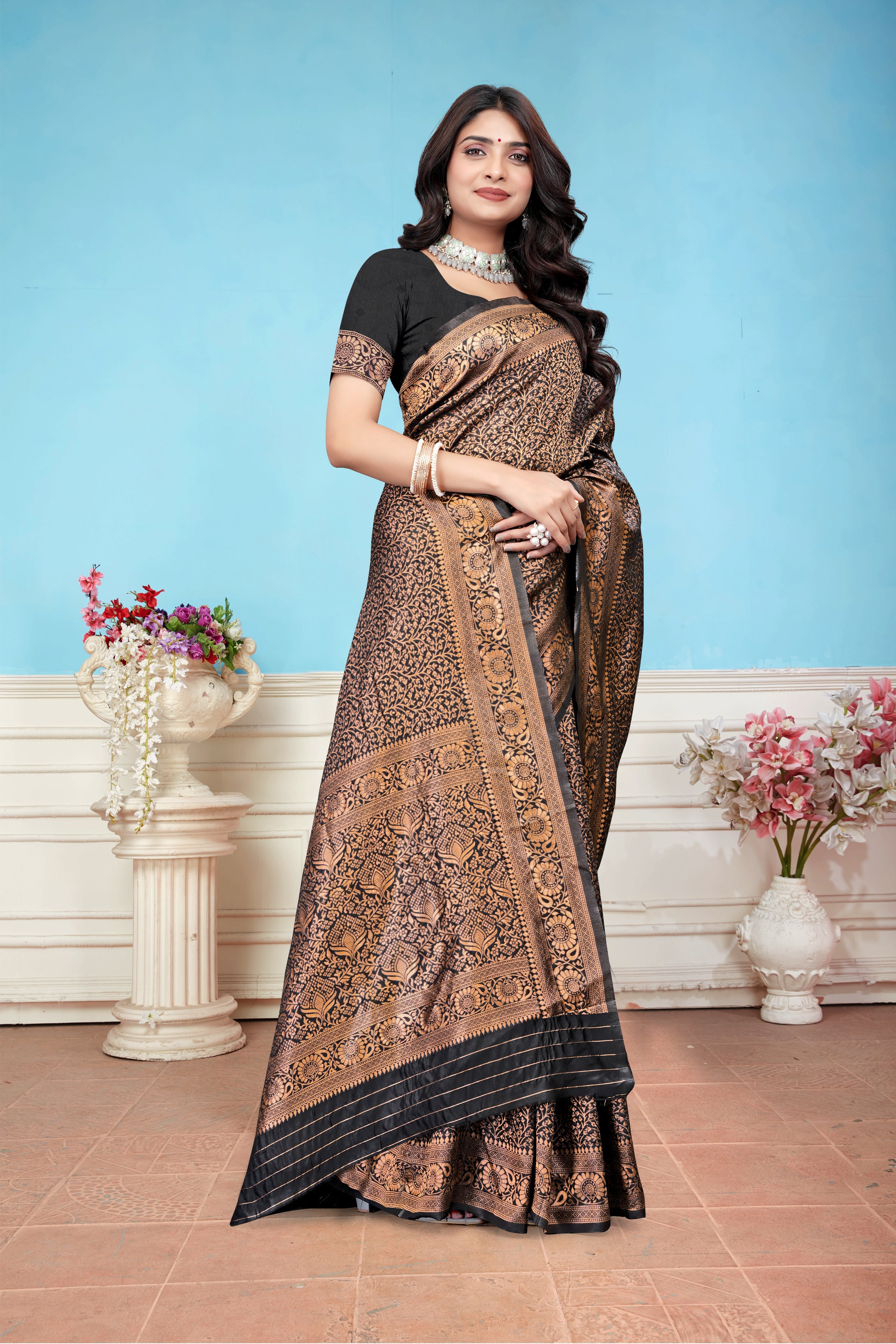 Regal Black and Copper Banarasi Silk Saree with Intricate Weaving