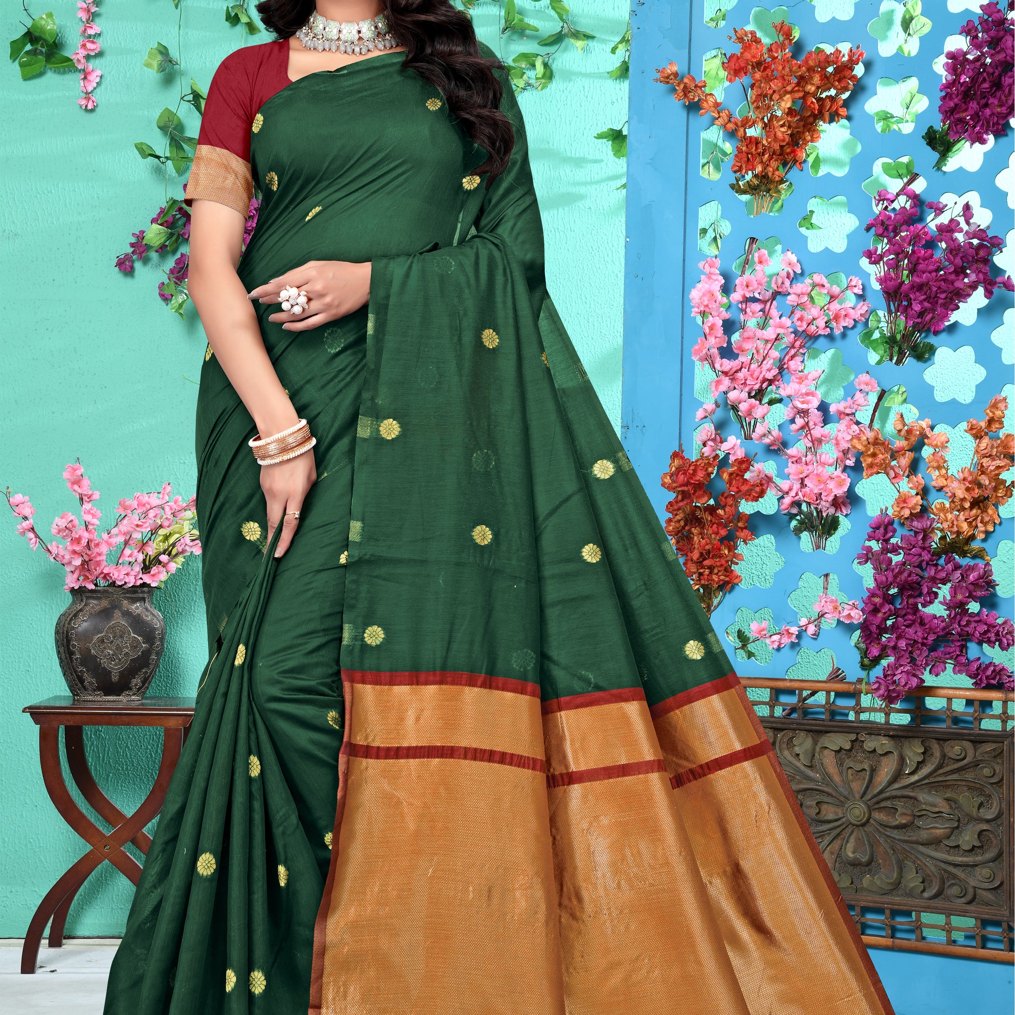 Lush Forest Green Banarasi Silk Saree with Golden Zari
