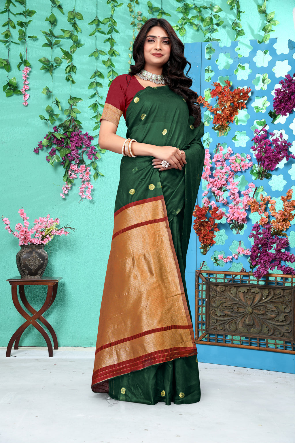 Lush Forest Green Banarasi Silk Saree with Golden Zari