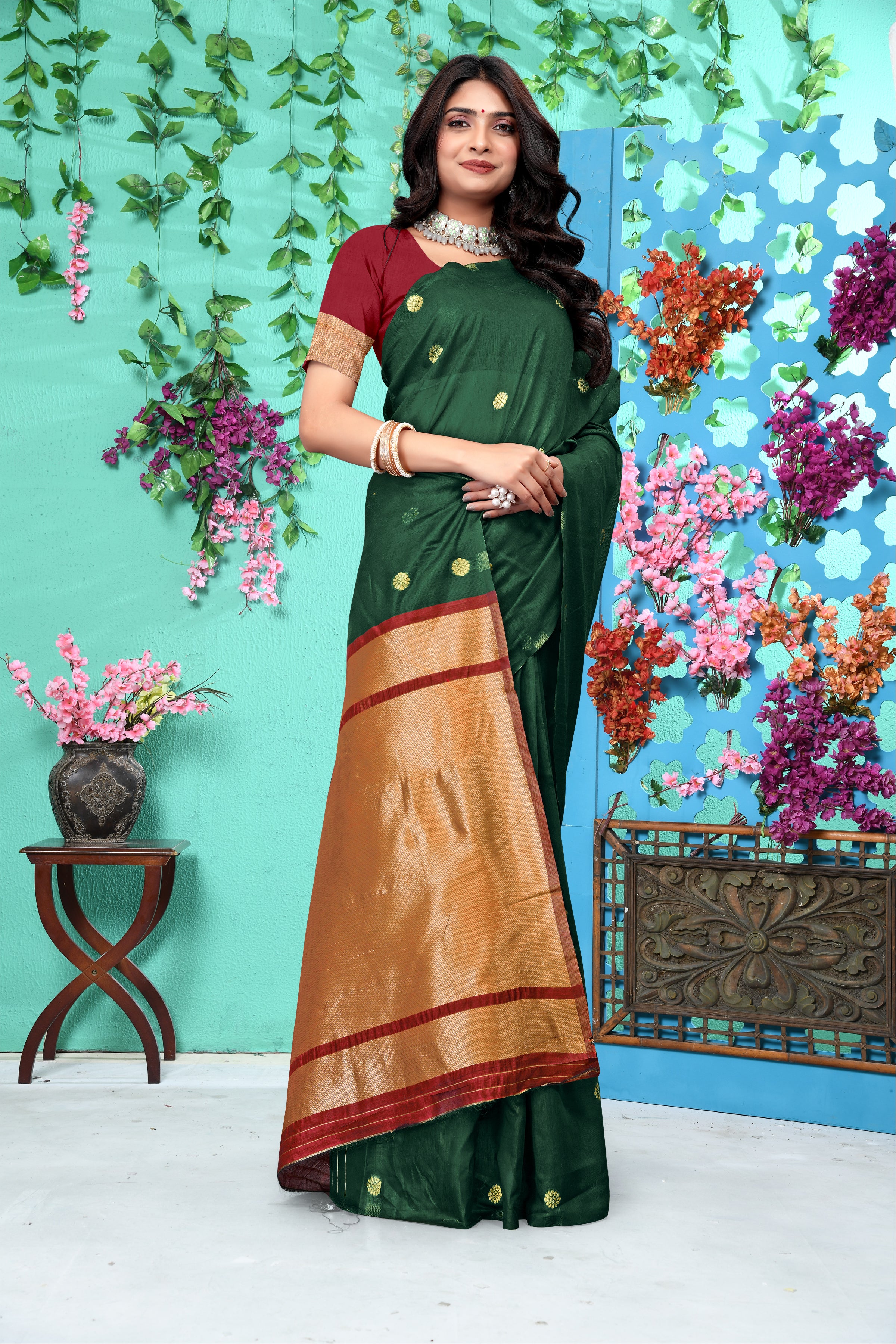 Lush Forest Green Banarasi Silk Saree with Golden Zari