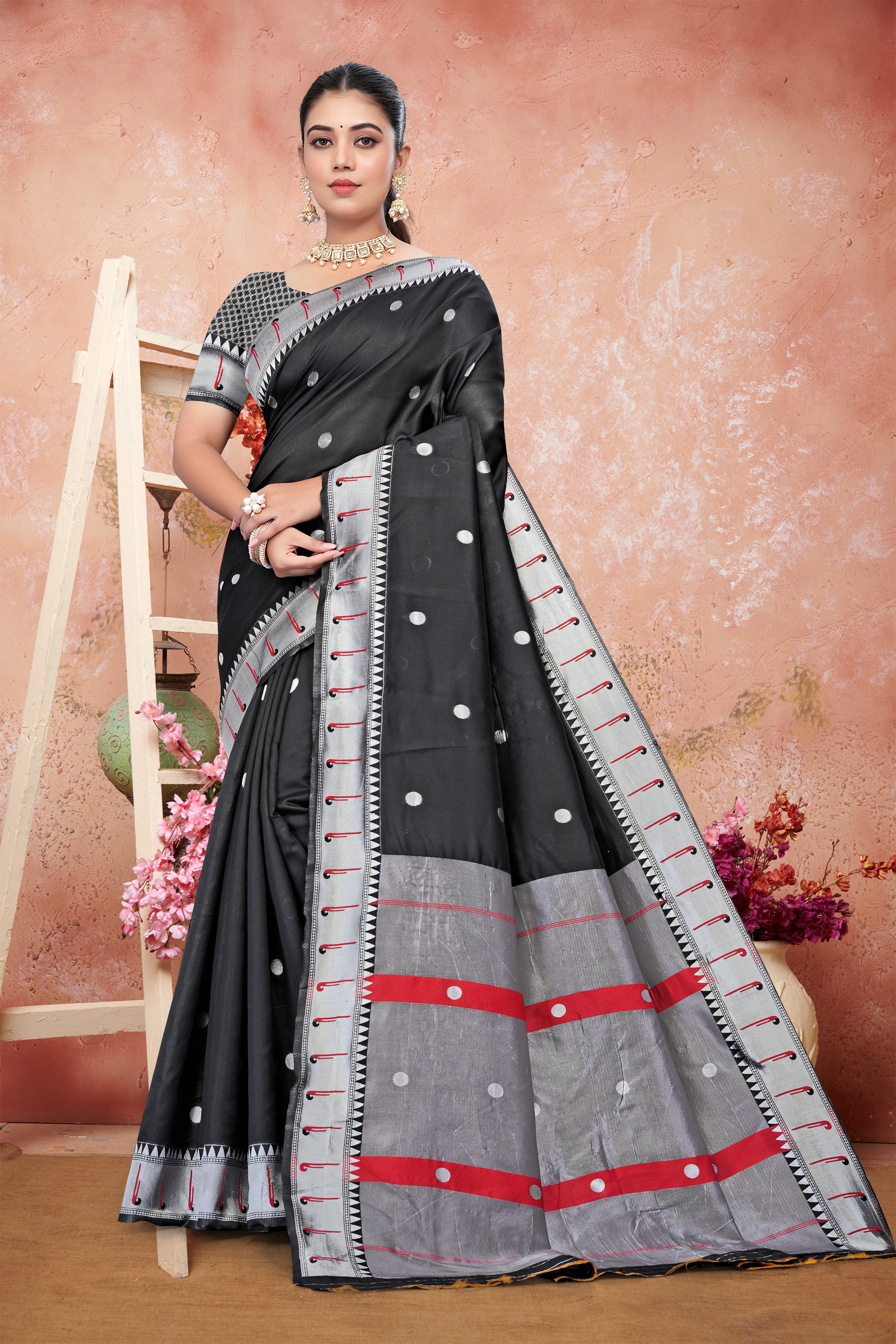 Chic Black Silk Saree with Silver Zari and Red Accents
