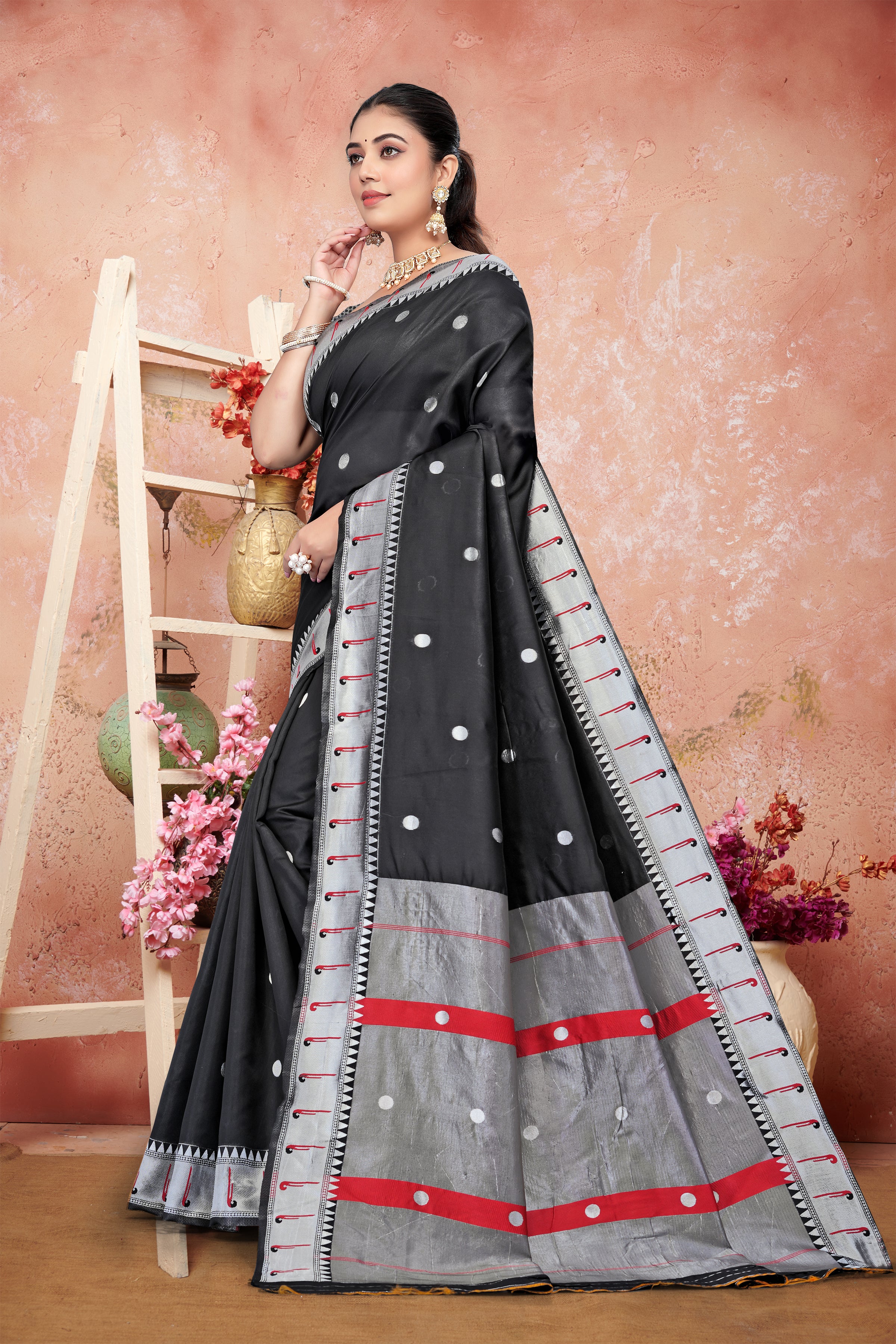 Chic Black Silk Saree with Silver Zari and Red Accents