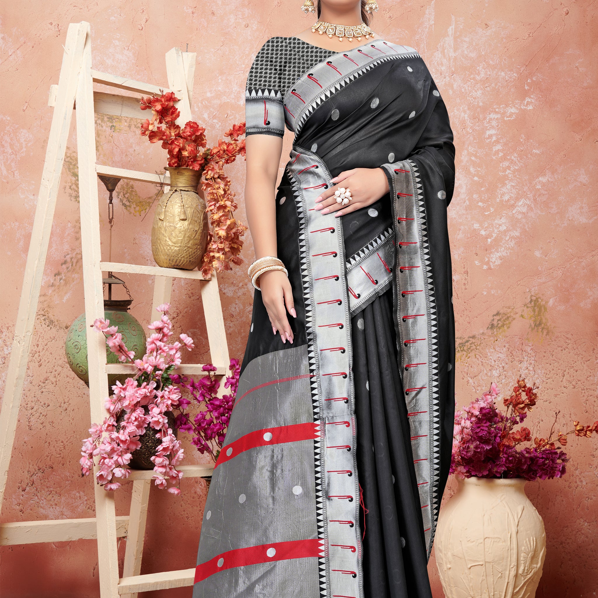 Chic Black Silk Saree with Silver Zari and Red Accents