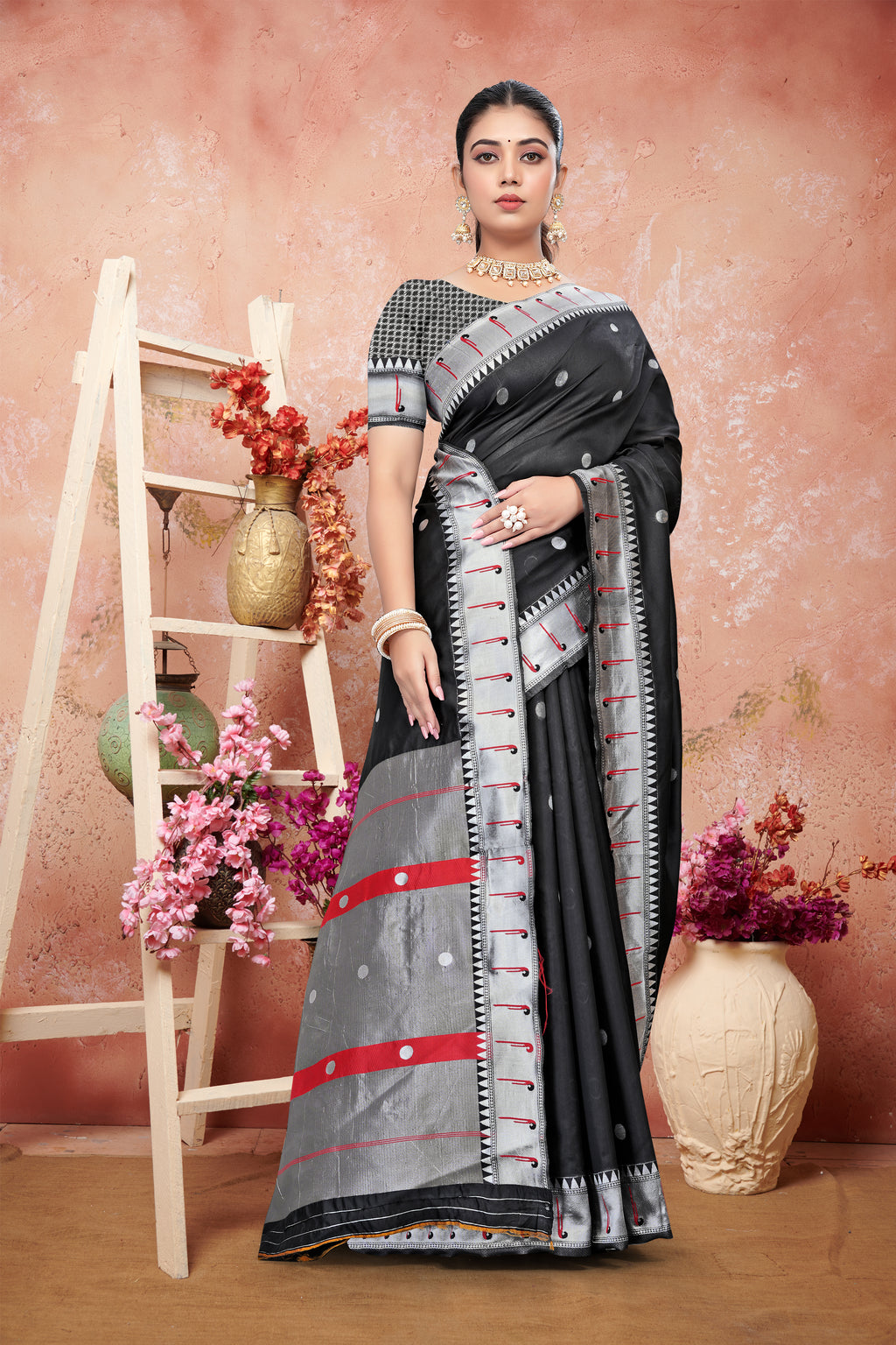 Chic Black Silk Saree with Silver Zari and Red Accents