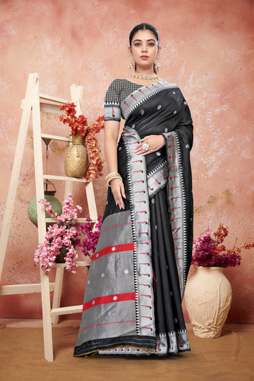 Chic Black Silk Saree with Silver Zari and Red Accents