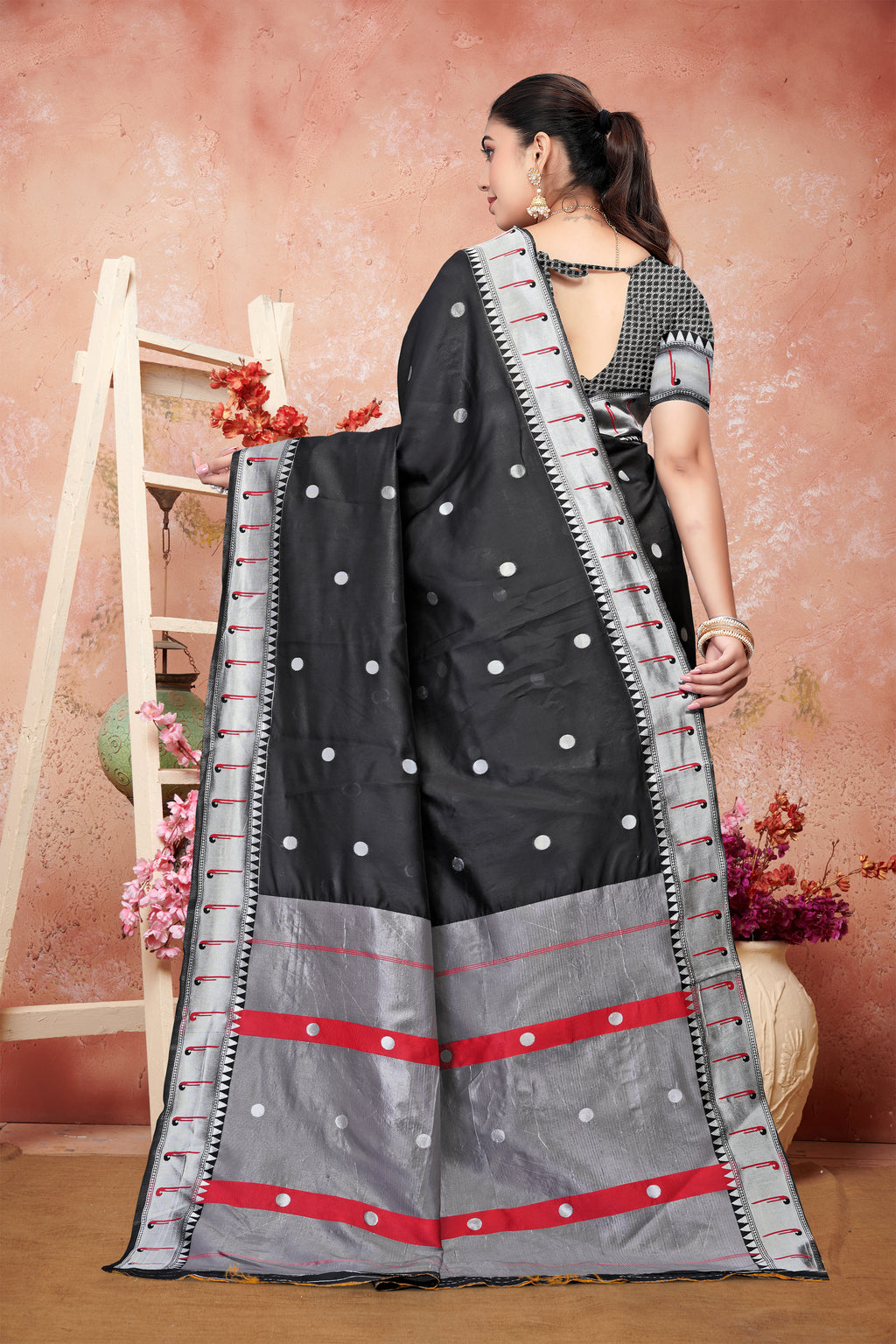 Chic Black Silk Saree with Silver Zari and Red Accents
