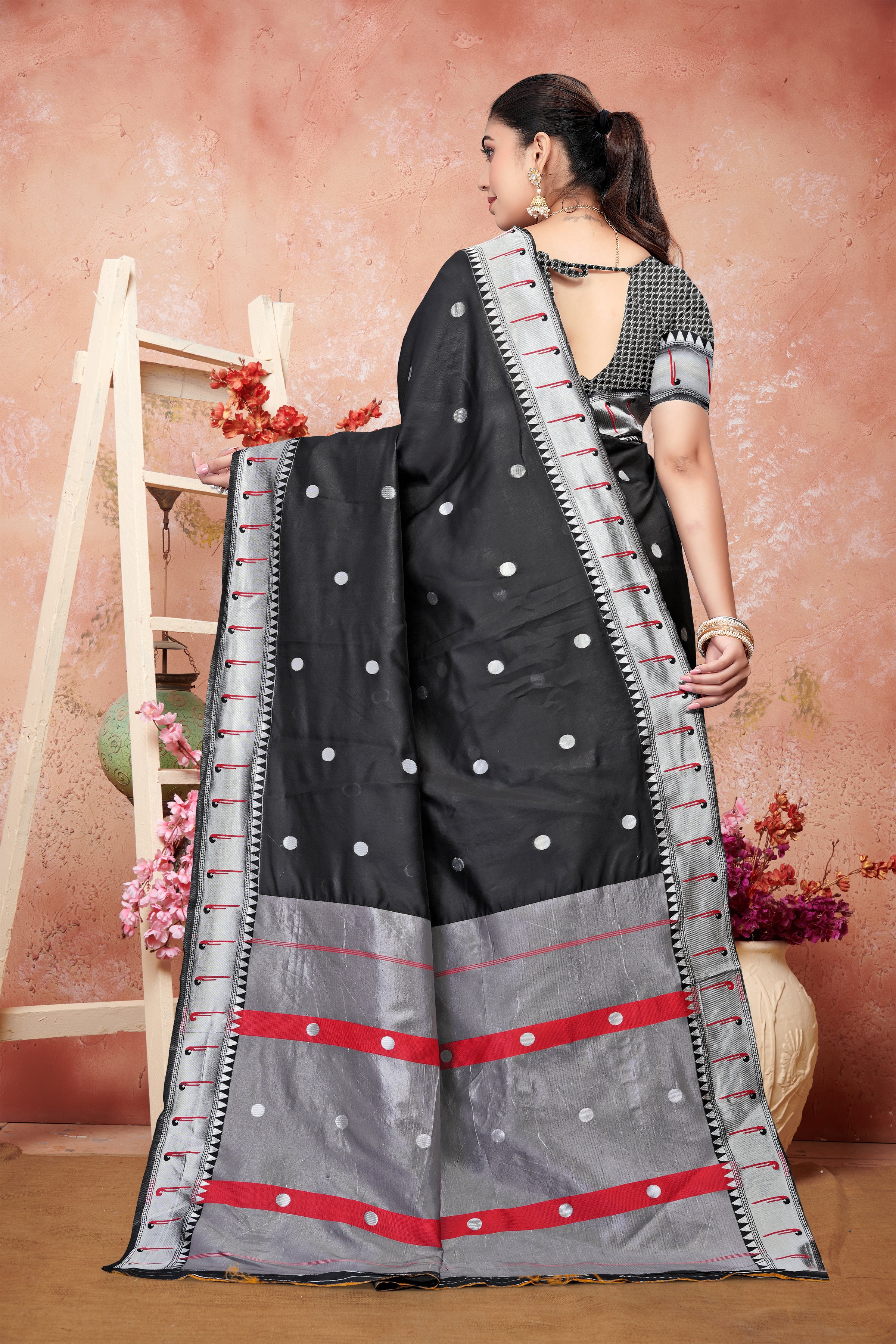 Chic Black Silk Saree with Silver Zari and Red Accents