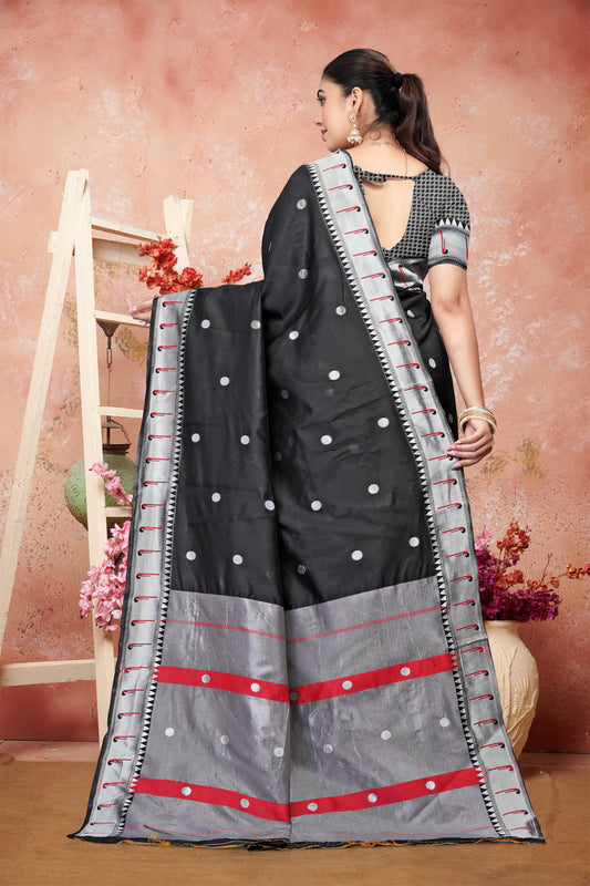 Chic Black Silk Saree with Silver Zari and Red Accents