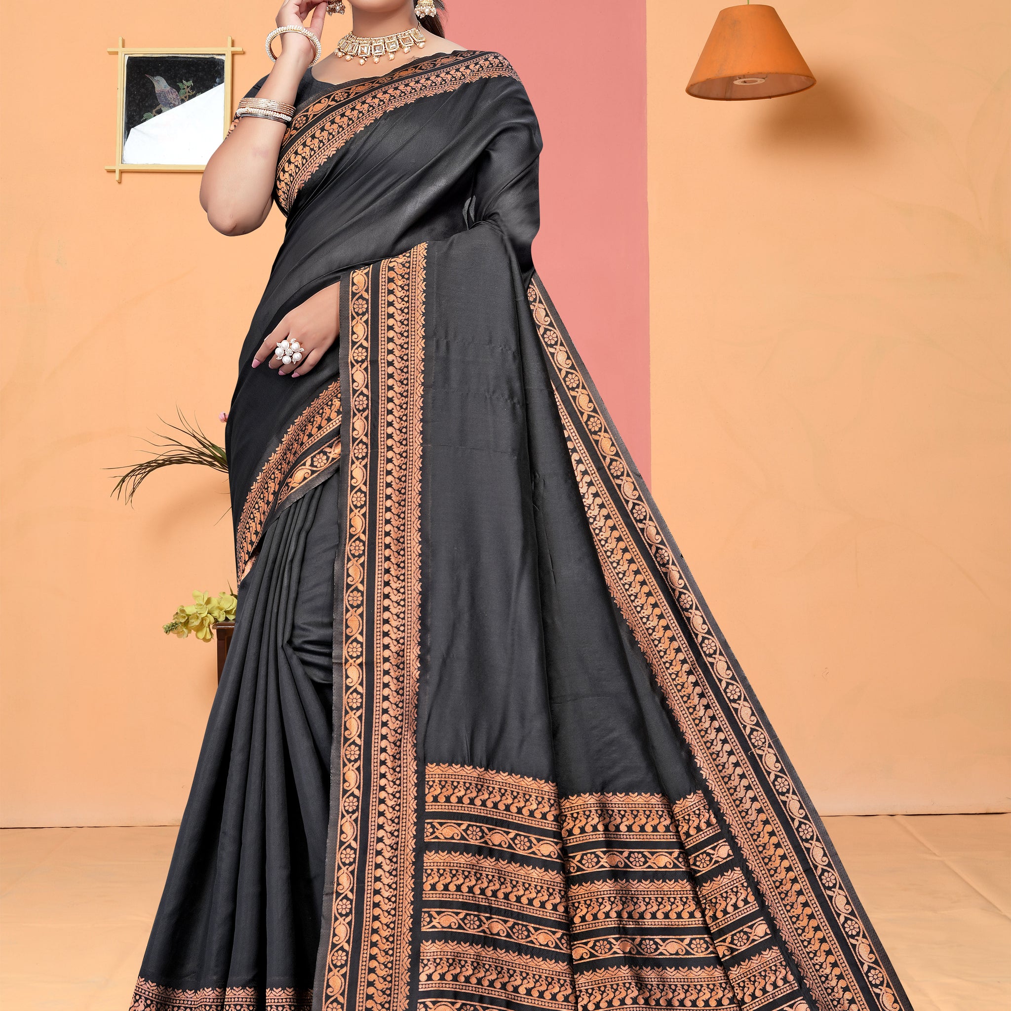 Sophisticated Charcoal Grey Banarasi Silk Saree with Copper Zari