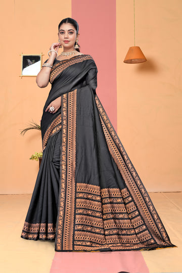 Sophisticated Charcoal Grey Banarasi Silk Saree with Copper Zari