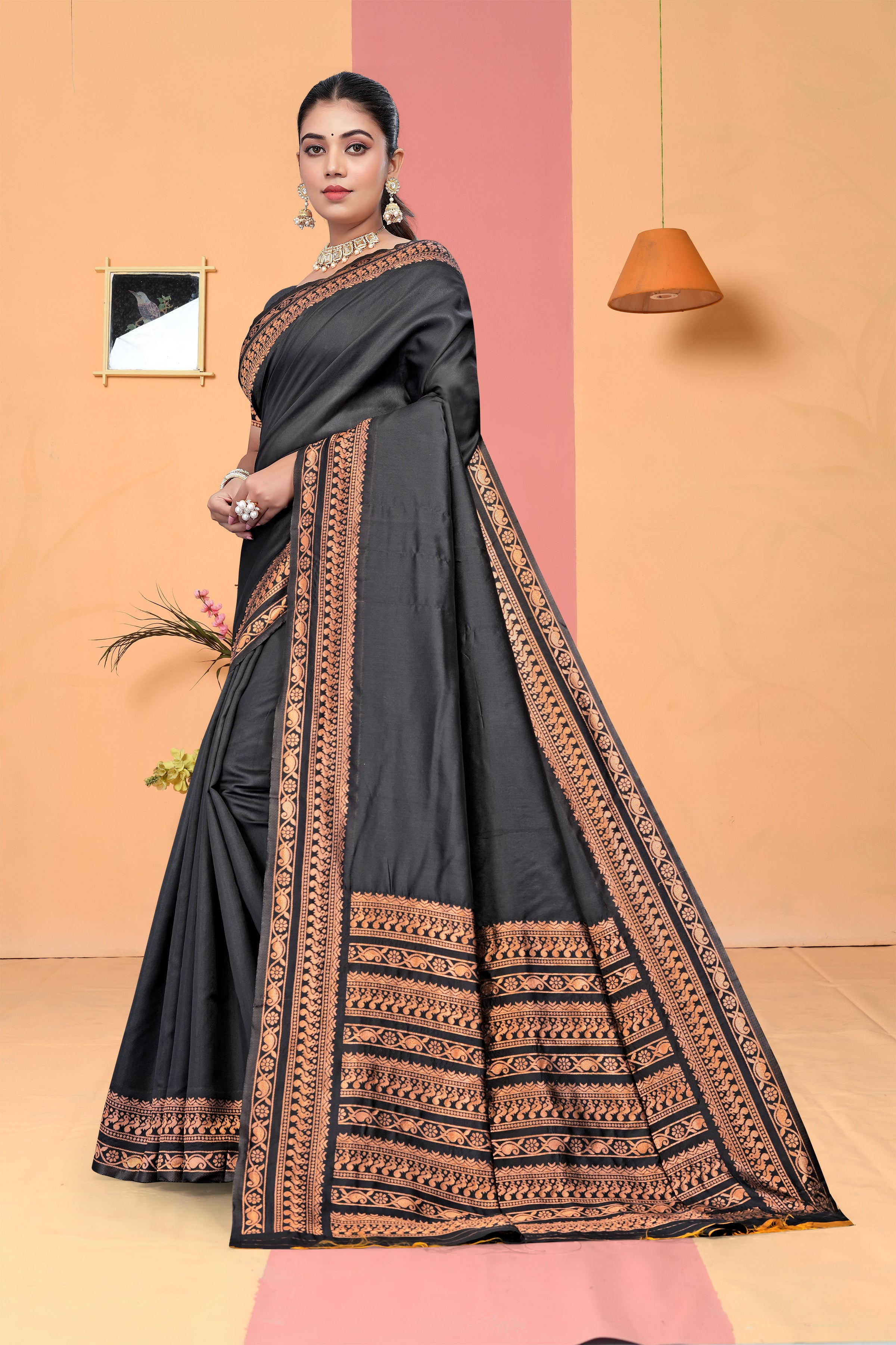 Sophisticated Charcoal Grey Banarasi Silk Saree with Copper Zari