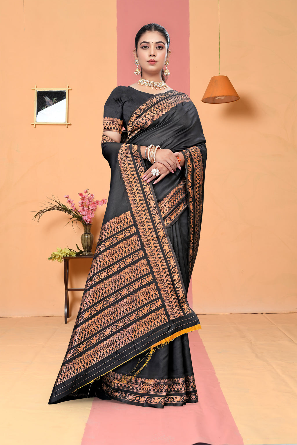 Sophisticated Charcoal Grey Banarasi Silk Saree with Copper Zari