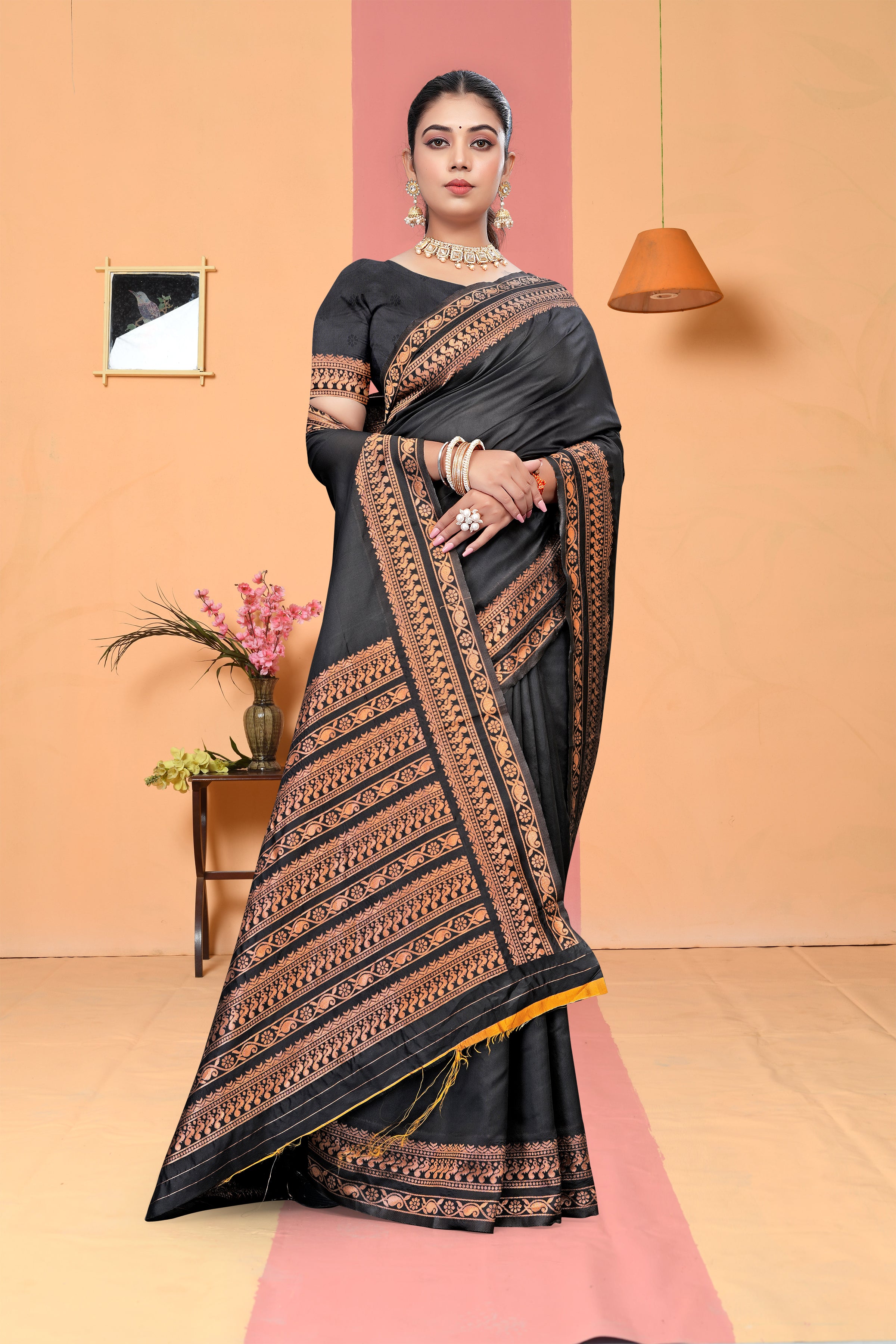 Sophisticated Charcoal Grey Banarasi Silk Saree with Copper Zari
