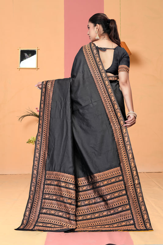 Sophisticated Charcoal Grey Banarasi Silk Saree with Copper Zari