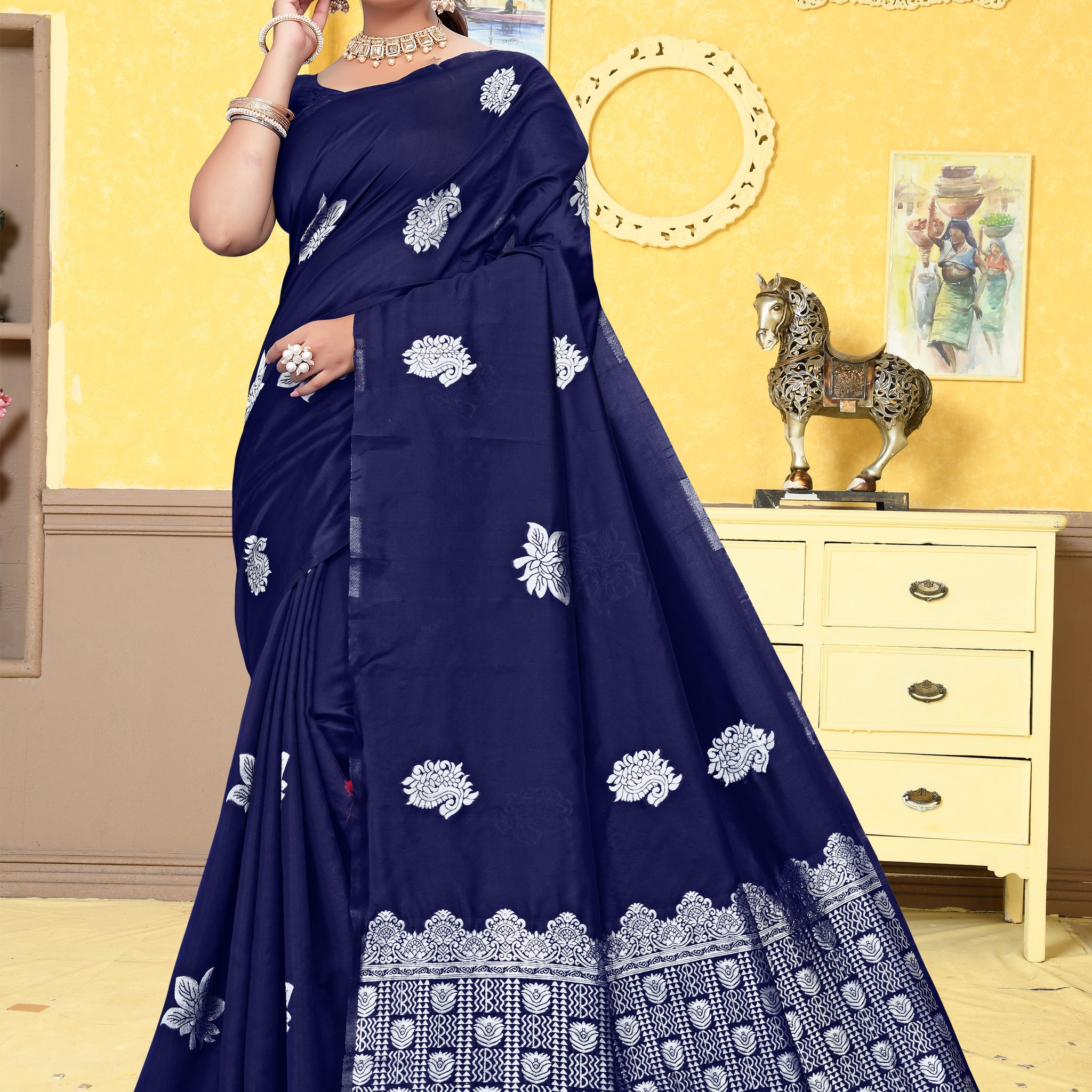 Classic Navy Blue Banarasi Silk Saree with Silver Zari Weaving