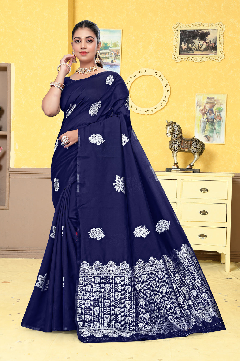 Classic Navy Blue Banarasi Silk Saree with Silver Zari Weaving