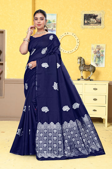 Classic Navy Blue Banarasi Silk Saree with Silver Zari Weaving