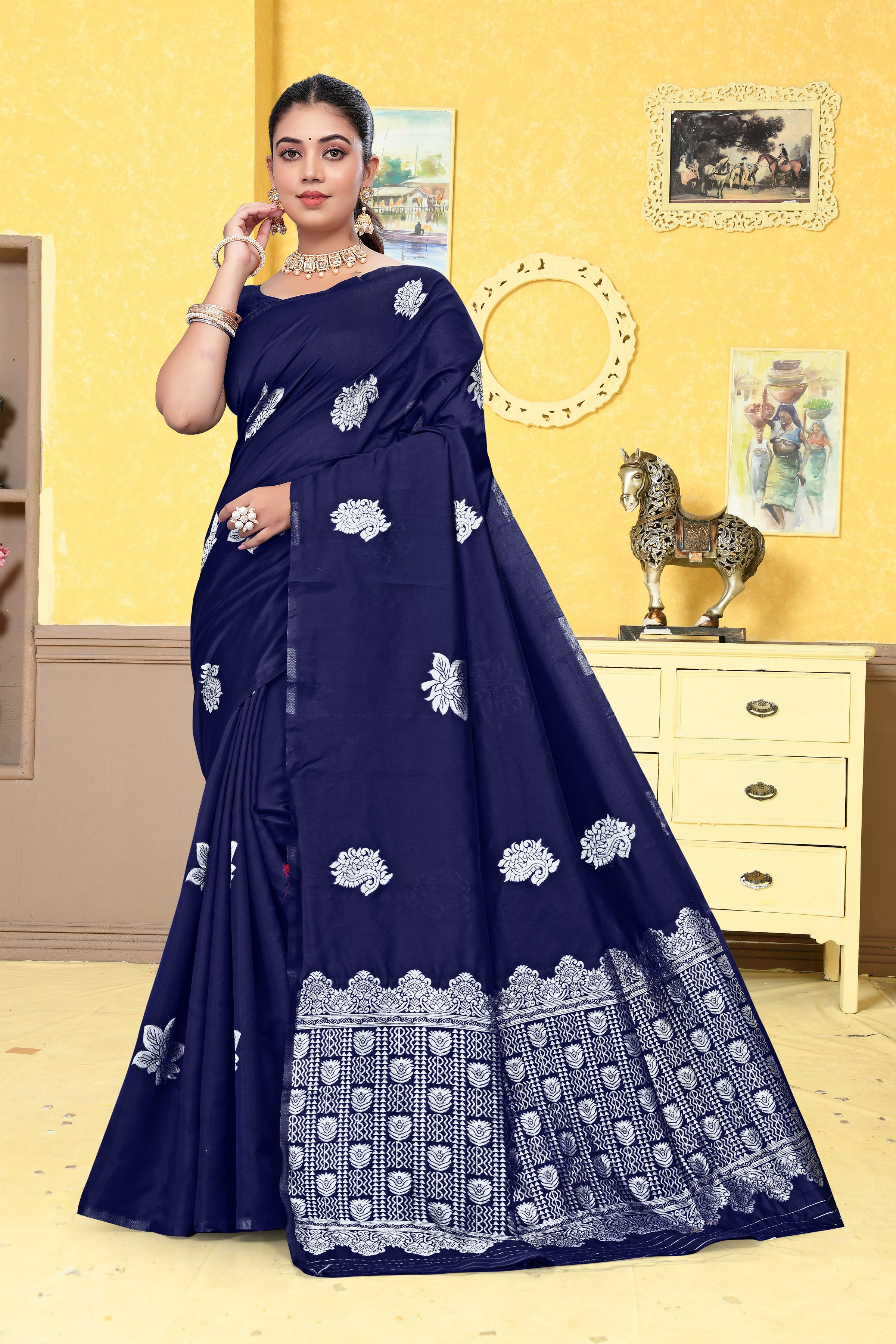 Classic Navy Blue Banarasi Silk Saree with Silver Zari Weaving