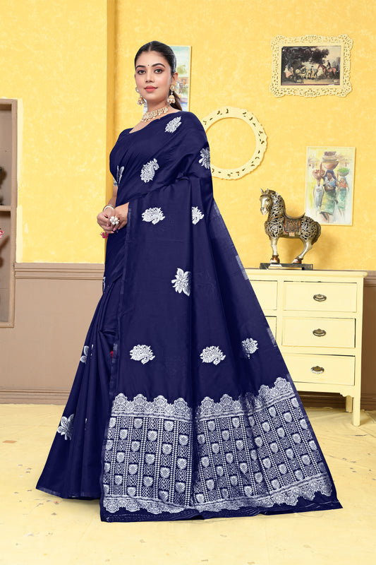 Classic Navy Blue Banarasi Silk Saree with Silver Zari Weaving
